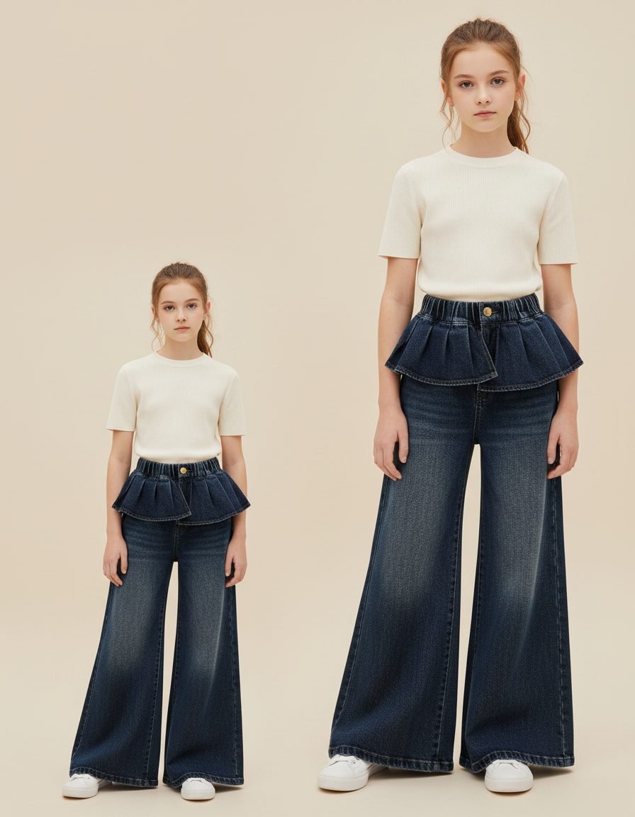 Pantalon À Pince Jean Bleu Volants Ample Fille