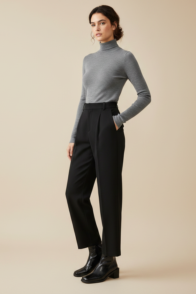 Pantalon À Pince Noir Plissé Tapered Femme Élégant - Gabardine