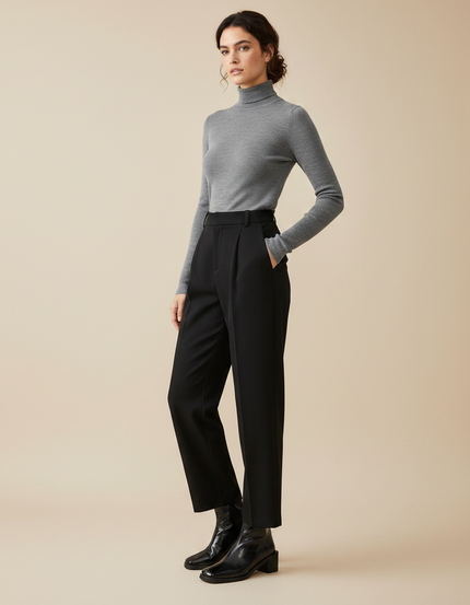 Pantalon À Pince Noir Plissé Tapered Femme Élégant - Gabardine
