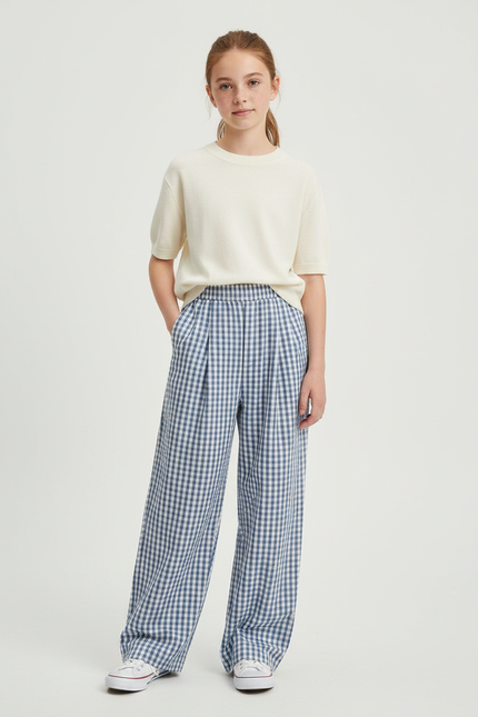 Pantalon À Pince Carreaux Bleus Ample Confortable Fille - Coton