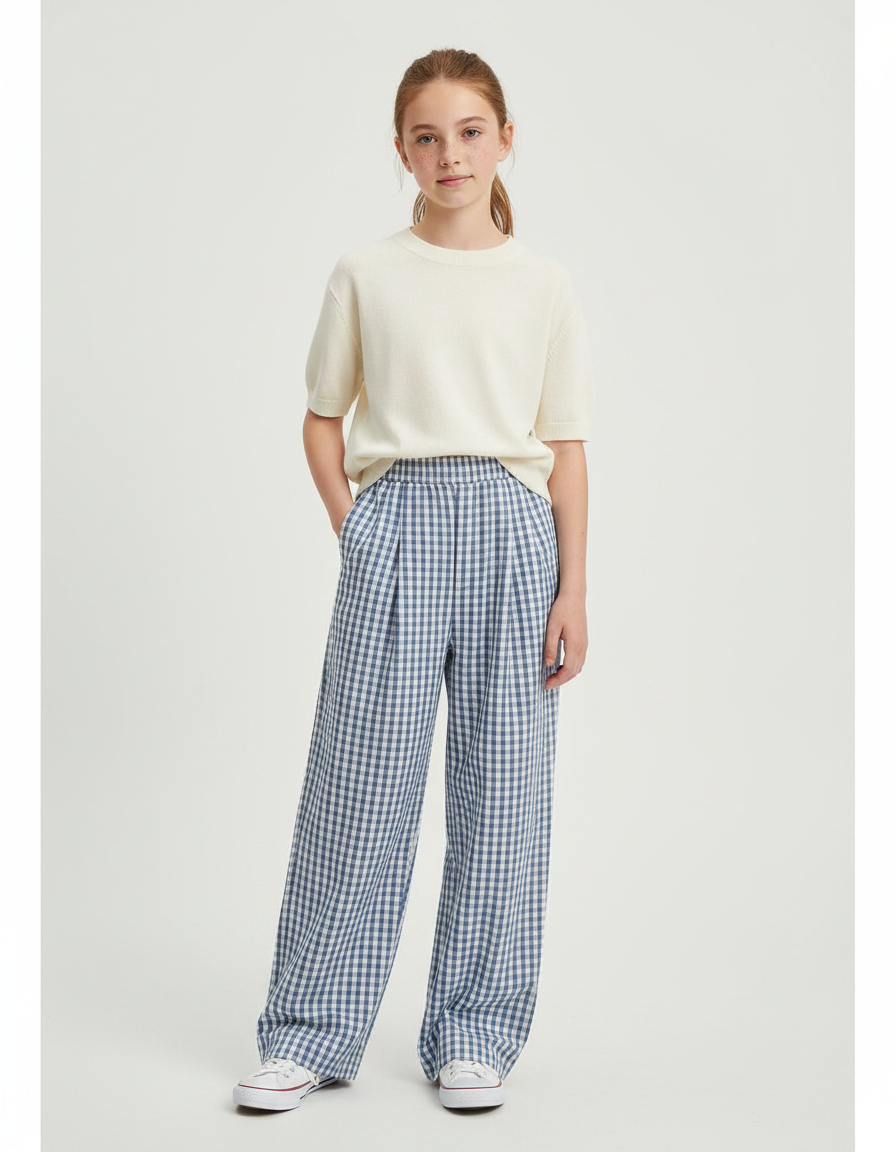 Pantalon À Pince Carreaux Bleus Ample Confortable Fille - Coton