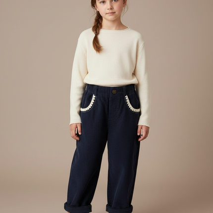 Pantalon À Pince Velours Côtelé Marine Brodé Fille - Cordé