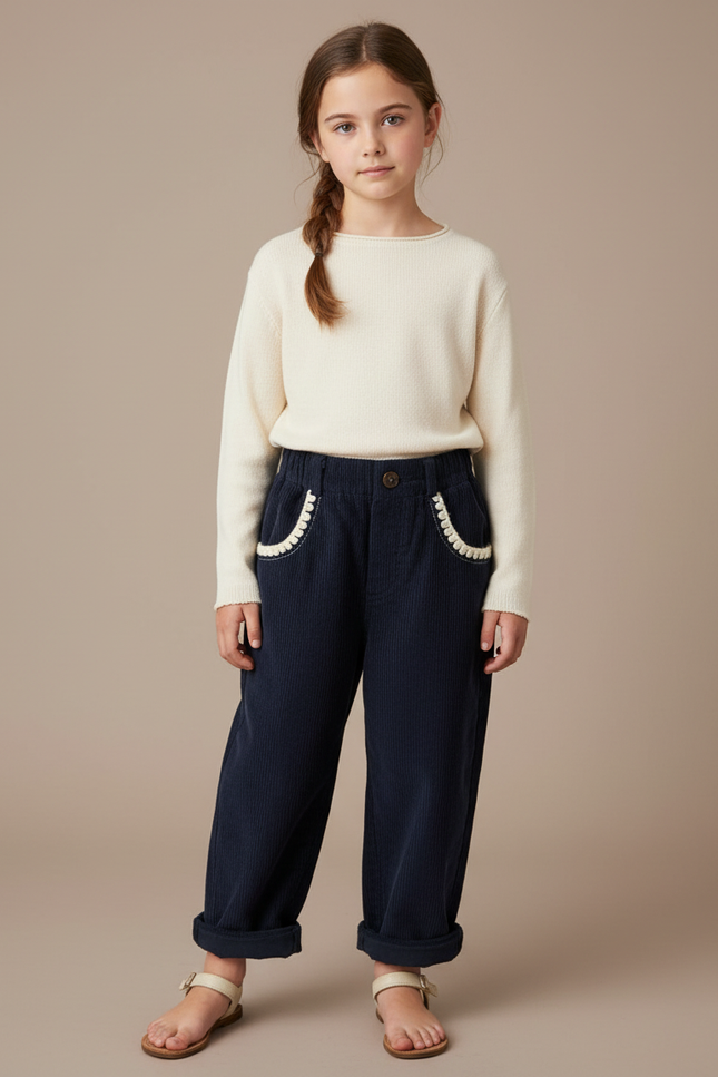 Pantalon À Pince Velours Côtelé Marine Brodé Fille - Cordé