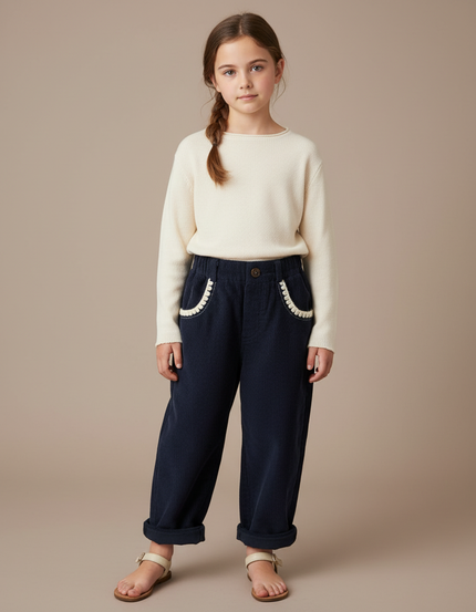 Pantalon À Pince Velours Côtelé Marine Brodé Fille - Cordé