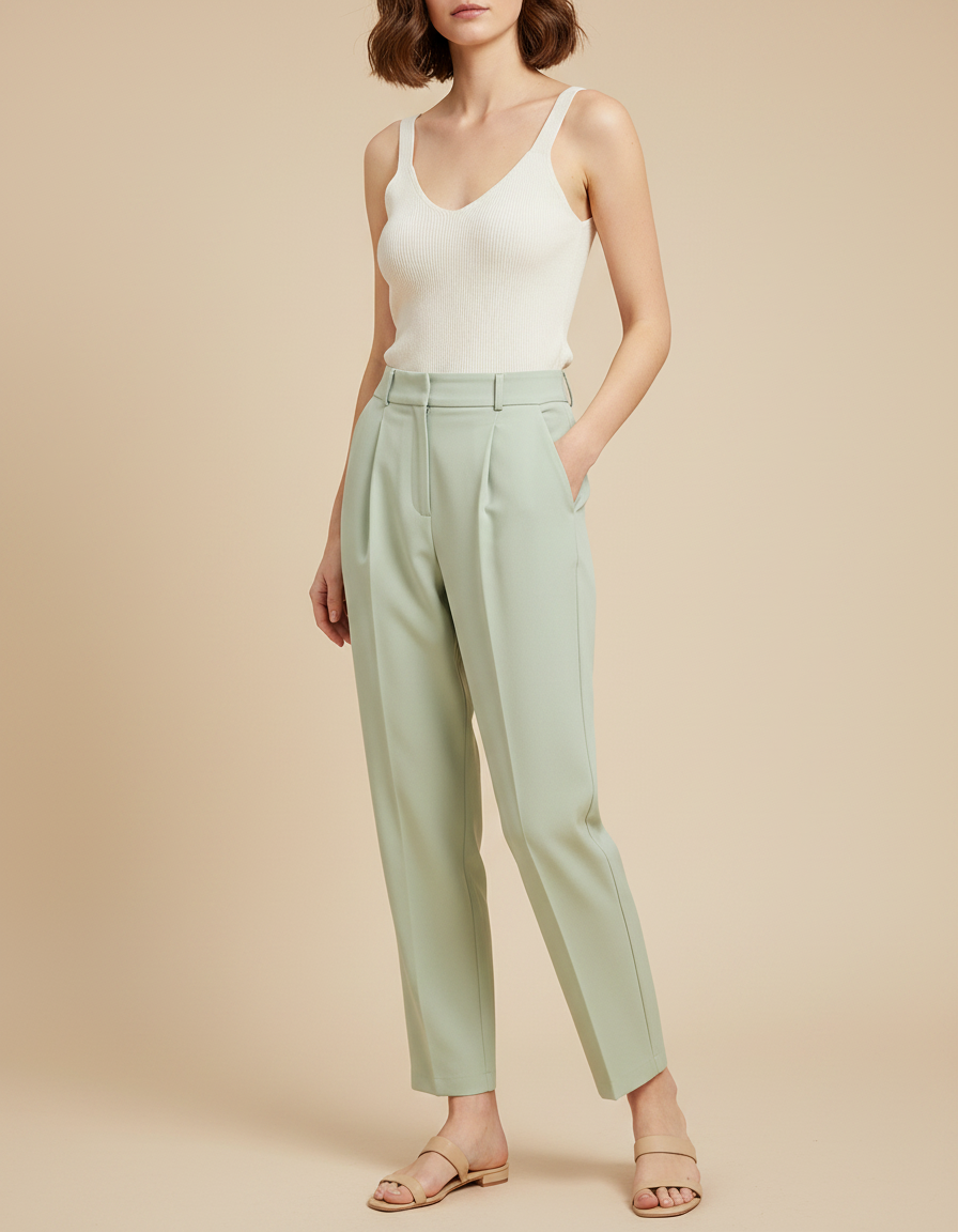 Pantalon À Pince Vert Menthe Fluide Élégant Décontracté - Polyester