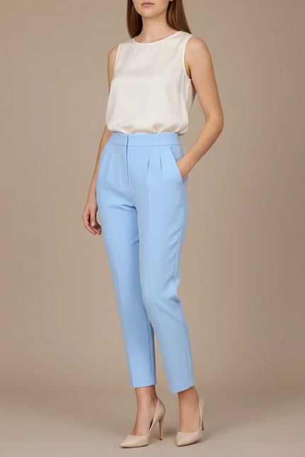 Pantalon À Pince Bleu Ciel Taille Haute Élégant Décontracté - Polyester