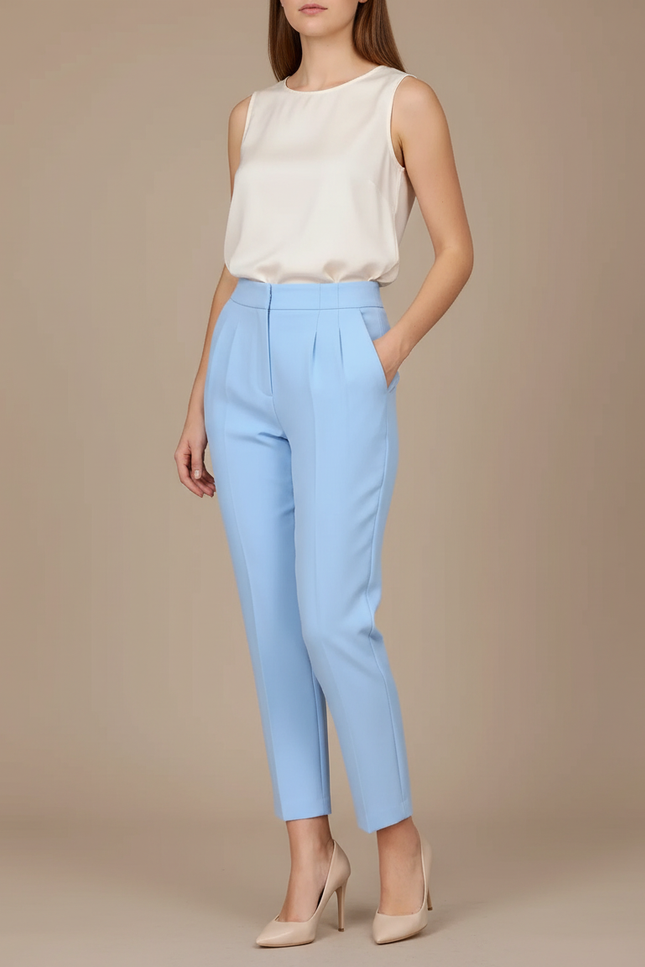 Pantalon À Pince Bleu Ciel Taille Haute Élégant Décontracté - Polyester