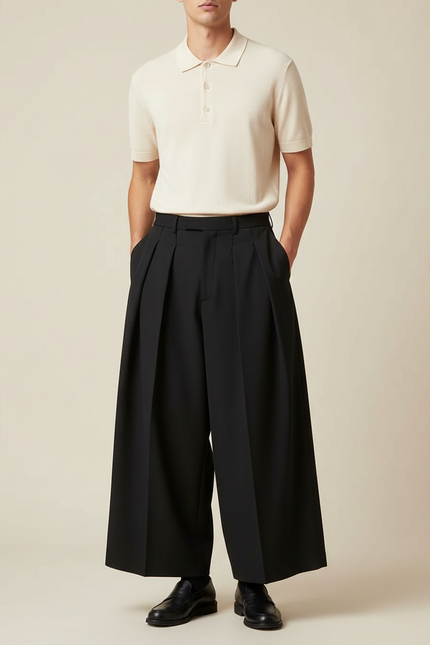 Pantalon À Pince Noir Ample Plissé Homme Moderne - Gabardine