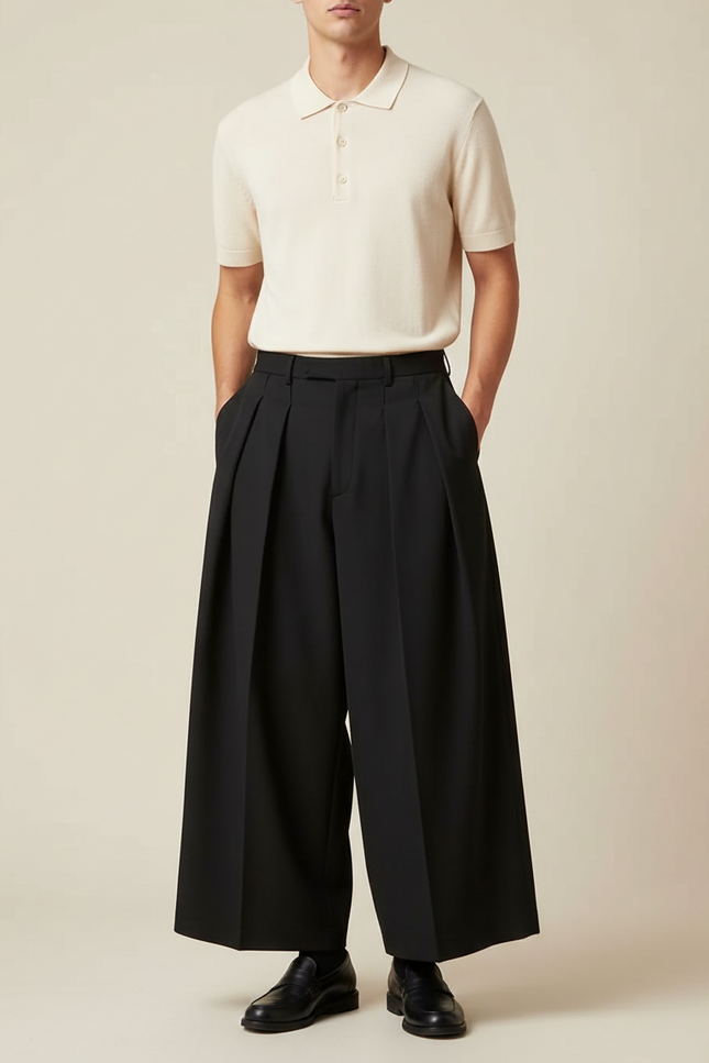 Pantalon À Pince Noir Ample Plissé Homme Moderne - Gabardine