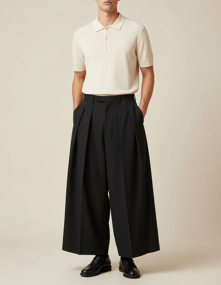 Pantalon À Pince Noir Ample Plissé Homme Moderne - Gabardine