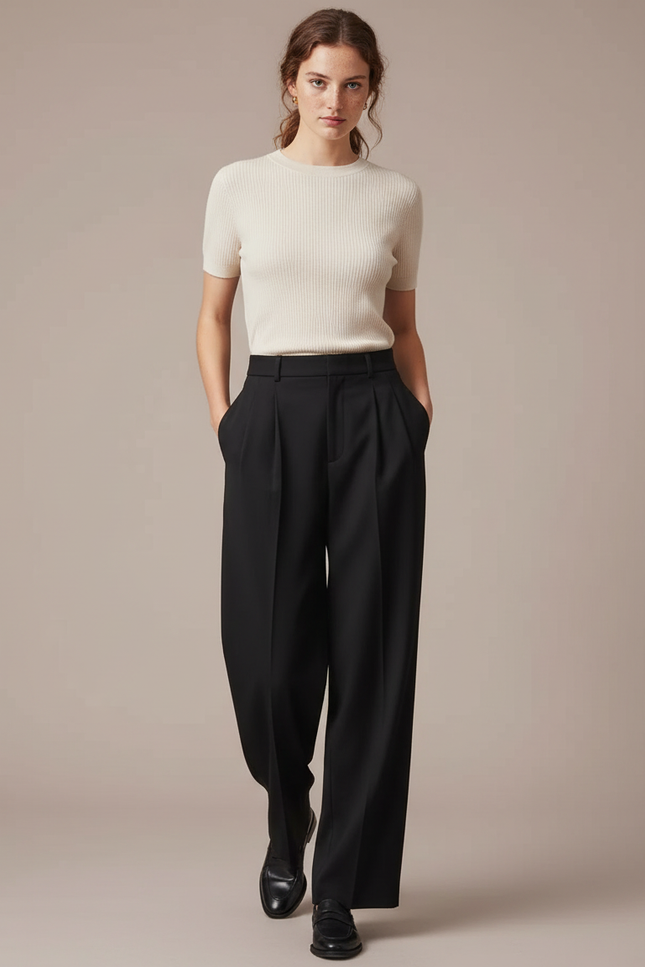 Pantalon À Pince Noir Ample Tissu Fluide Femme - Polyester