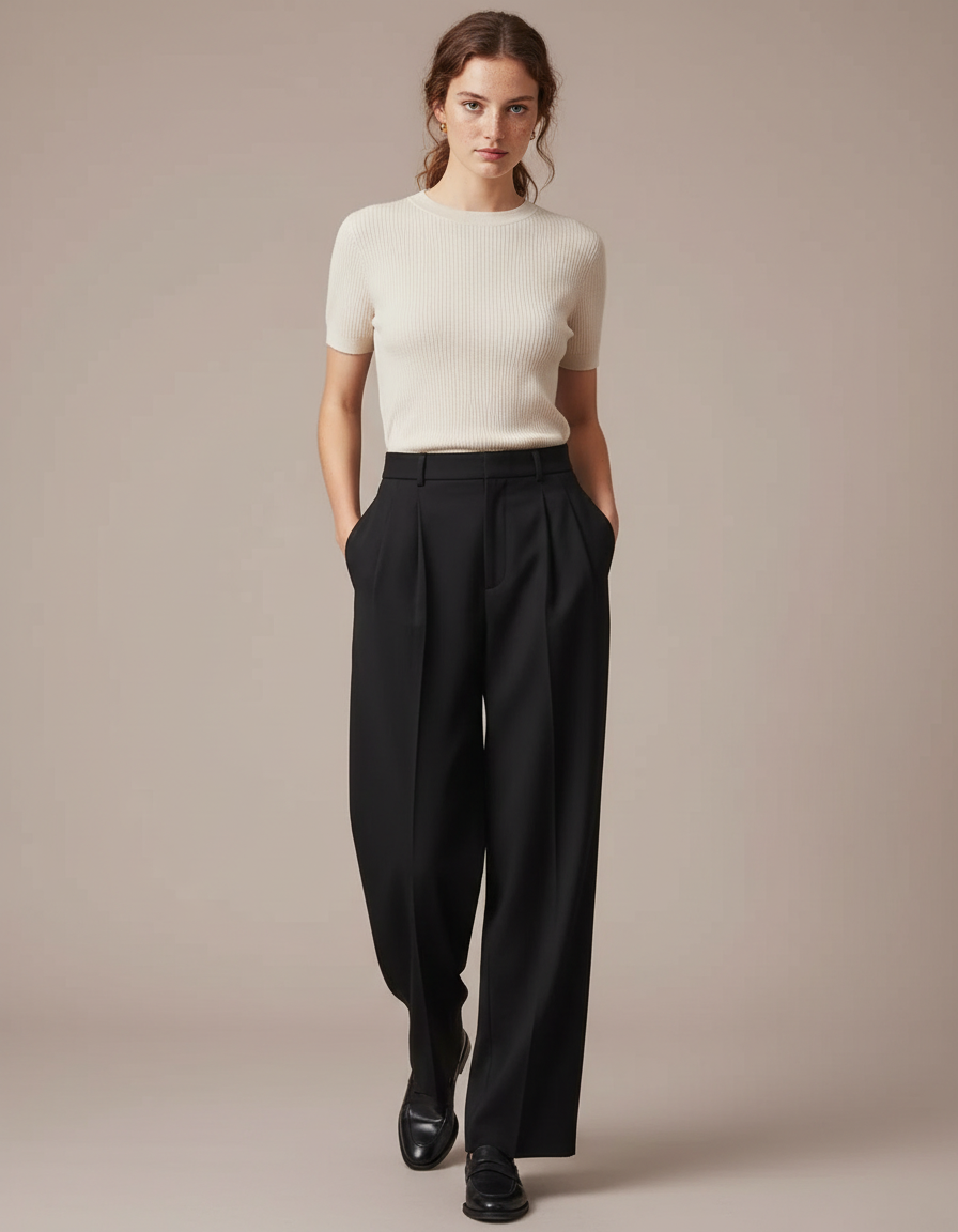 Pantalon À Pince Noir Ample Tissu Fluide Femme - Polyester