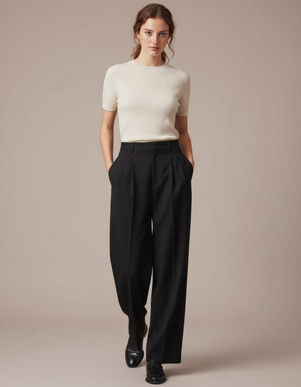 Pantalon À Pince Noir Ample Tissu Fluide Femme - Polyester