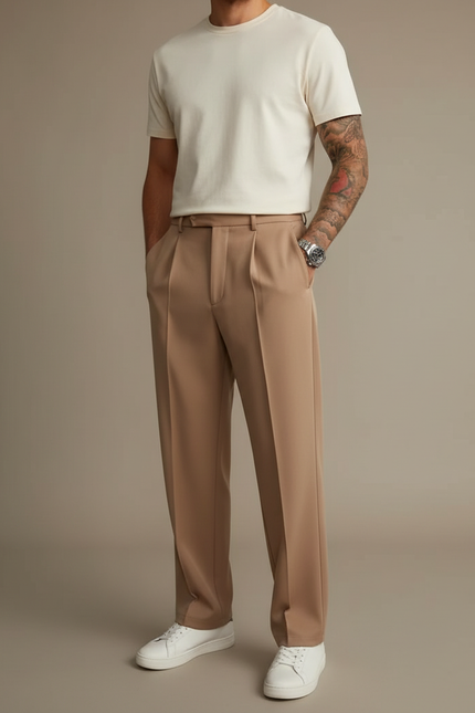 Pantalon À Pince Droit Marron Plissé Élégant Homme - Camel Polyester