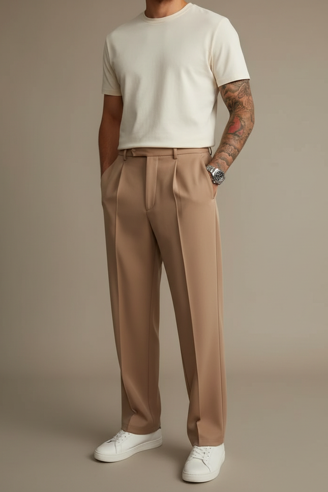 Pantalon À Pince Droit Marron Plissé Élégant Homme - Camel Polyester