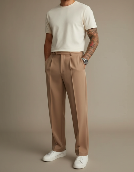 Pantalon À Pince Droit Marron Plissé Élégant Homme - Camel Polyester