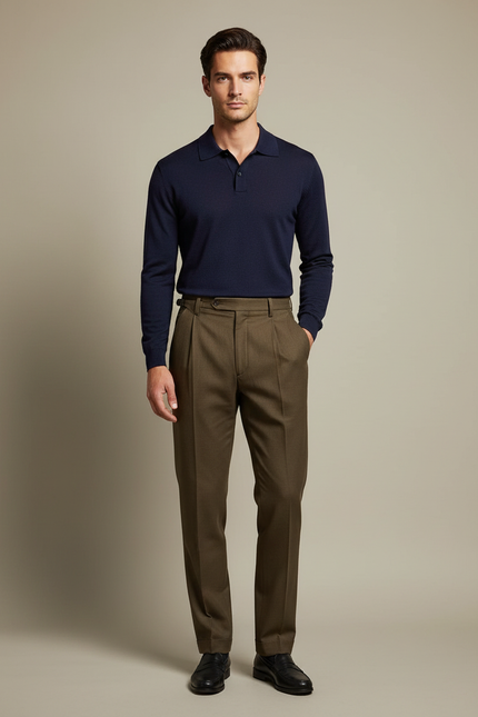 Pantalon À Pince Marron Laine Droit Élégant Plissé - Kaki