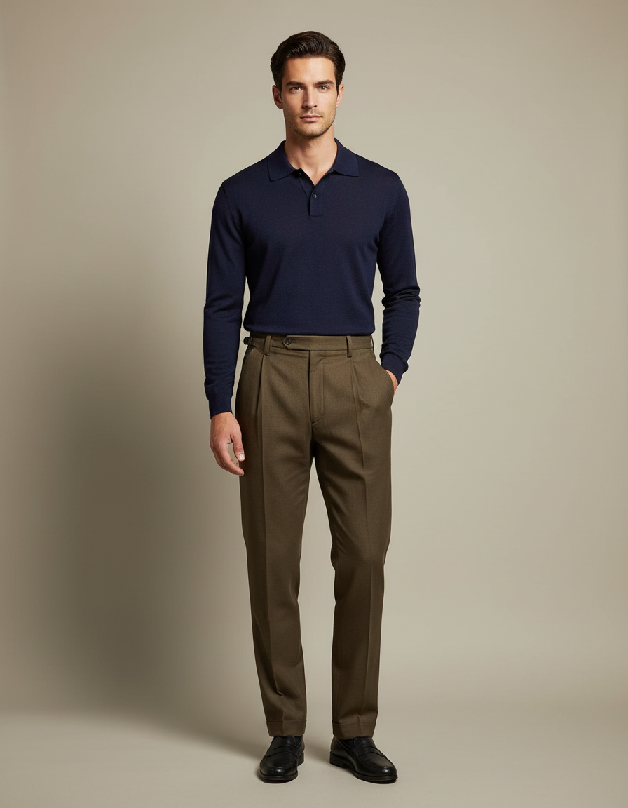 Pantalon À Pince Marron Laine Droit Élégant Plissé - Kaki