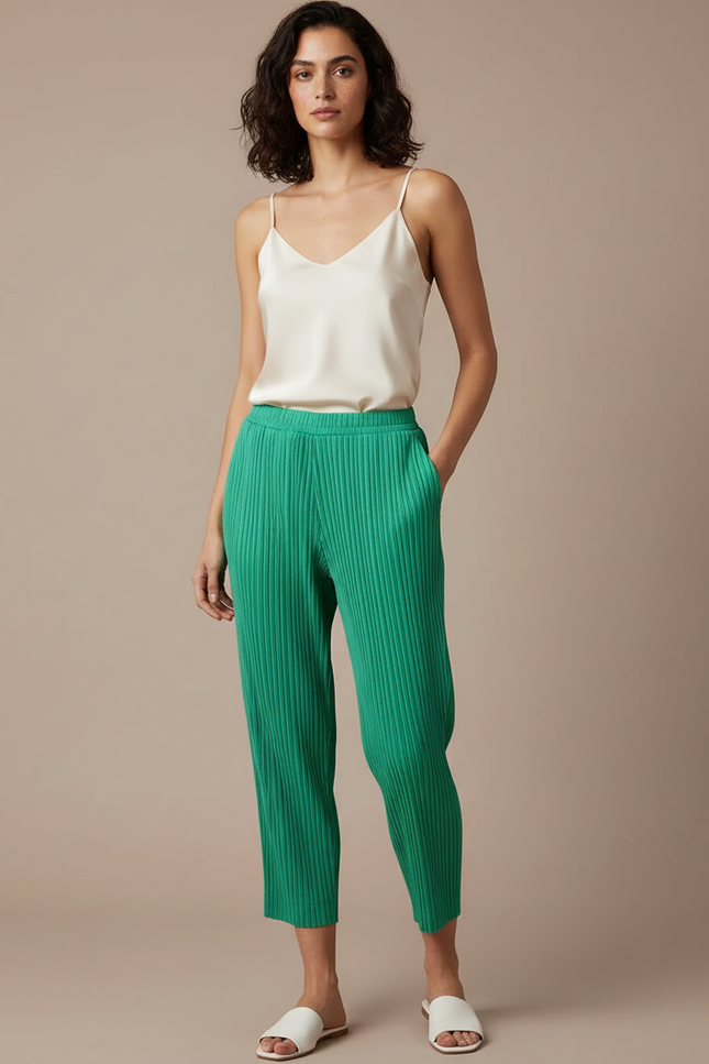 Pantalon À Pince Plissé Vert Cheville Décontracté Fluide - Polyester