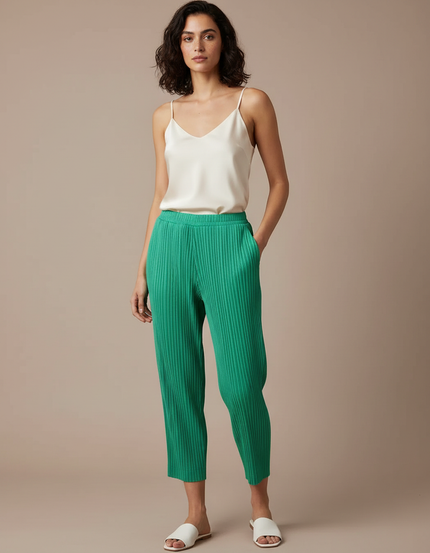 Pantalon À Pince Plissé Vert Cheville Décontracté Fluide - Polyester