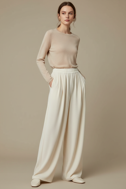 Pantalon À Pince Crème Velours Ample Décontracté Fluide - Beige