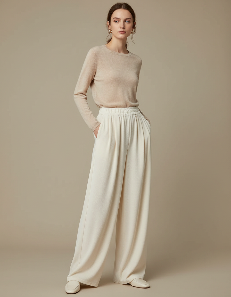 Pantalon À Pince Crème Velours Ample Décontracté Fluide - Beige