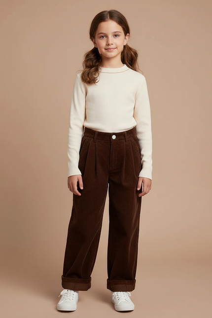 Pantalon À Pince Marron Côtelé Ample Plissé Enfant - Cordé