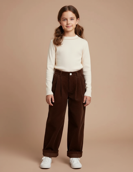 Pantalon À Pince Marron Côtelé Ample Plissé Enfant - Cordé