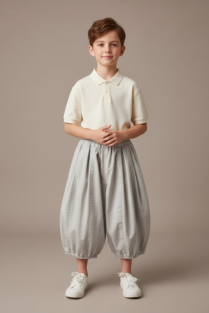 Pantalon À Pince Gris Ample Coton Enfant Décontracté - Toile