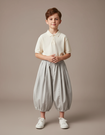 Pantalon À Pince Gris Ample Coton Enfant Décontracté - Toile