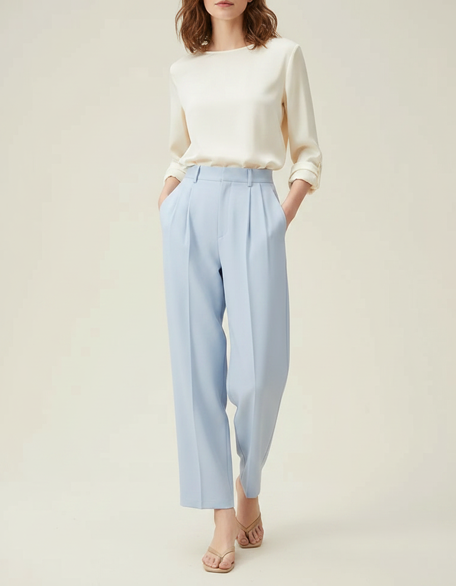 Pantalon À Pince Bleu Ciel Plissé Ample Décontracté Femme - Polyester