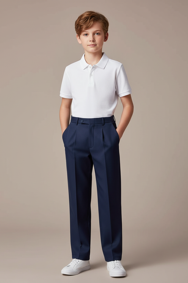 Pantalon À Pince Bleu Marine Ample Plissé Scolaire Enfant - Gabardine