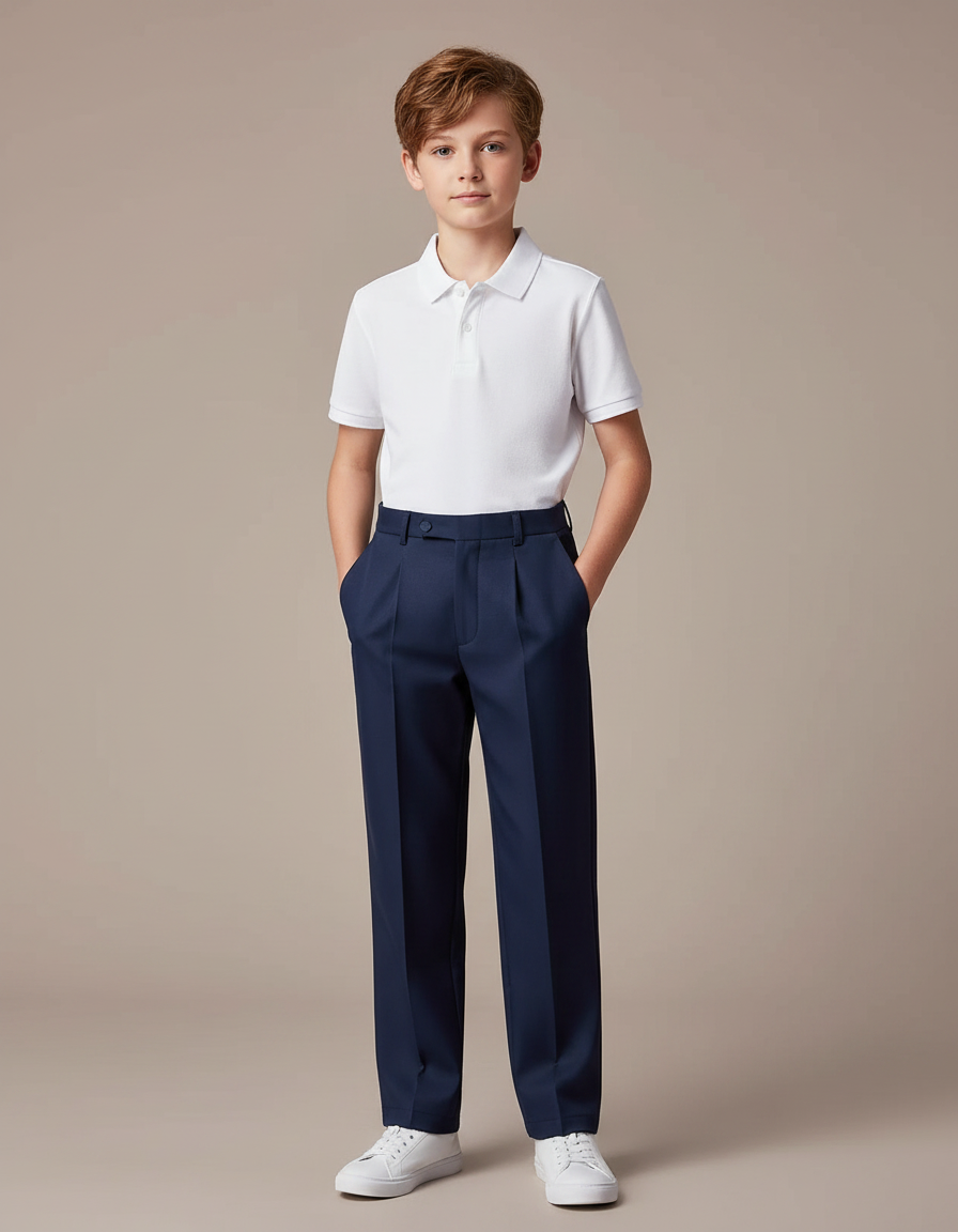 Pantalon À Pince Bleu Marine Ample Plissé Scolaire Enfant - Gabardine