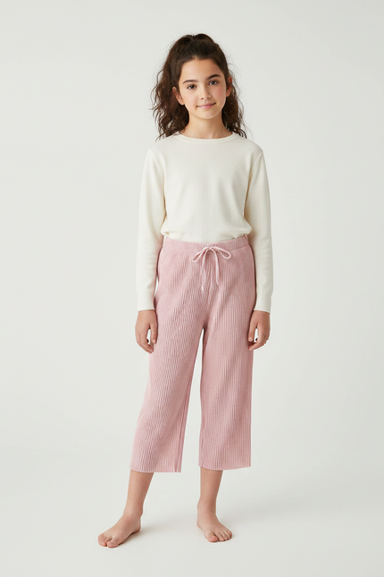 Pantalon À Pince Rose Plissé Ample Fille Décontracté - Polyester