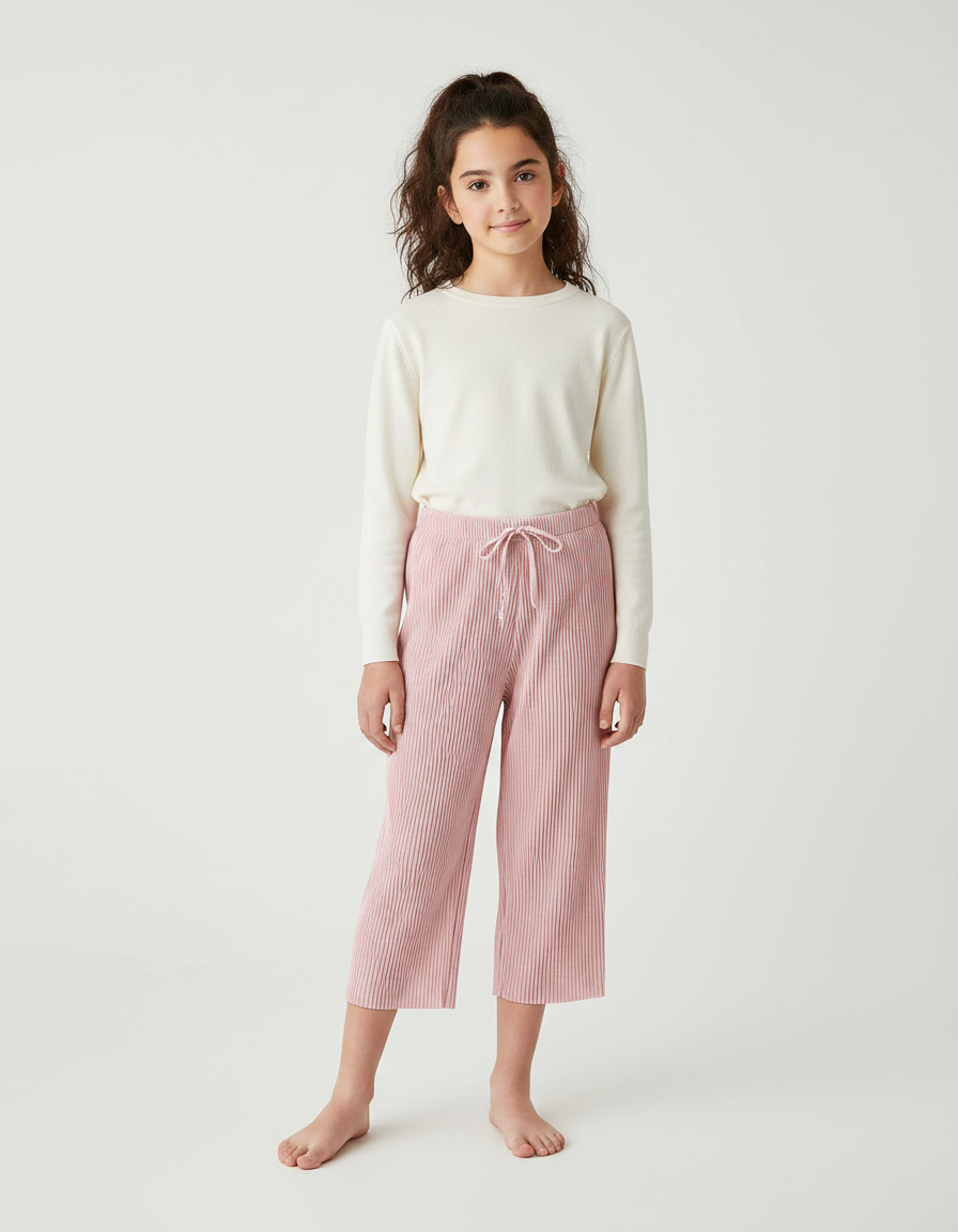 Pantalon À Pince Rose Plissé Ample Fille Décontracté - Polyester