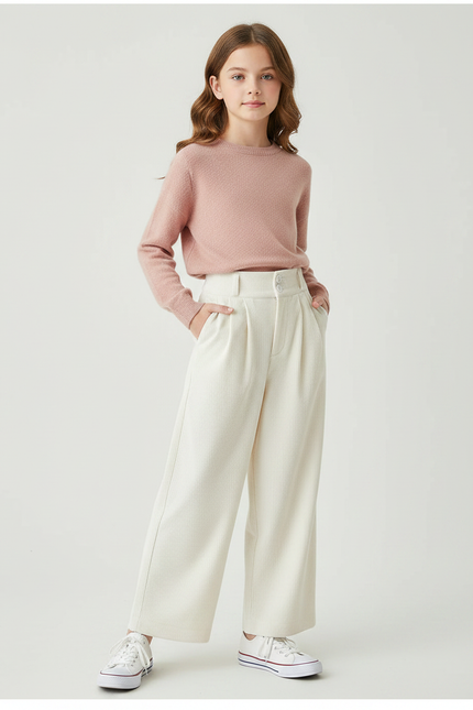 Pantalon À Pince Crème Côtelé Ample Décontracté Fluide - Beige Cordé