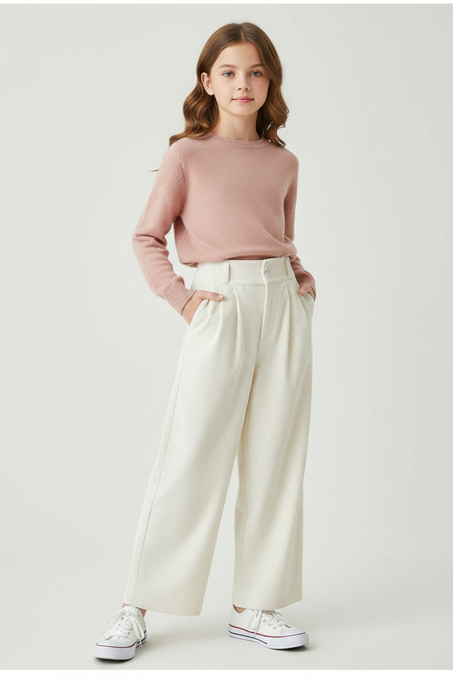 Pantalon À Pince Crème Côtelé Ample Décontracté Fluide - Beige Cordé