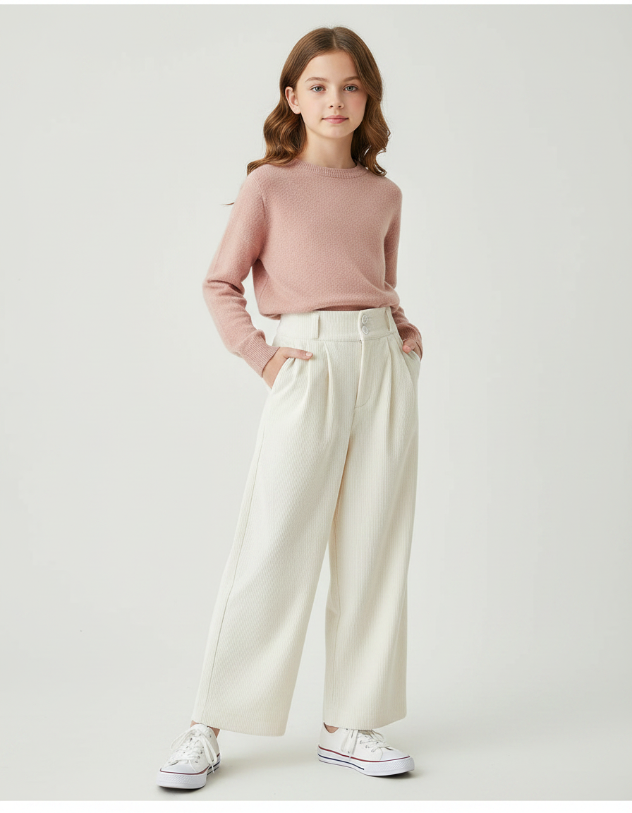 Pantalon À Pince Crème Côtelé Ample Décontracté Fluide - Beige Cordé