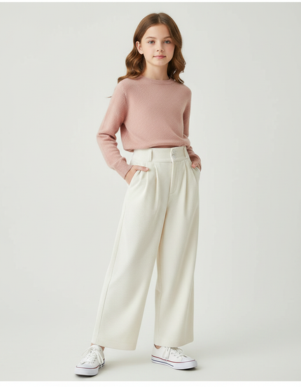 Pantalon À Pince Crème Côtelé Ample Décontracté Fluide - Beige Cordé