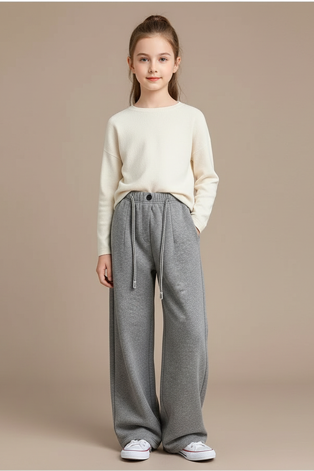 Pantalon À Pince Gris Ample Décontracté Cordon Enfant - Molleton