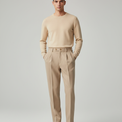 Pantalon À Pince Beige Laine Plissé Droit Homme Élégant