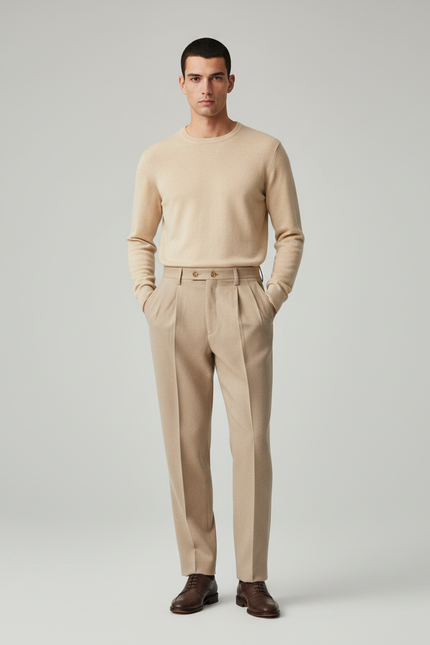 Pantalon À Pince Beige Laine Plissé Droit Homme Élégant