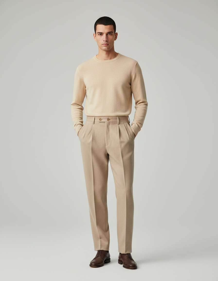 Pantalon À Pince Beige Laine Plissé Droit Homme Élégant