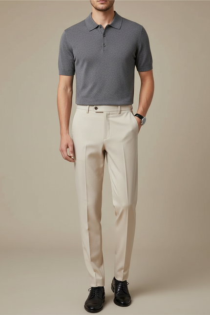 Pantalon À Pince Beige Uni Slim Élégant - Gabardine