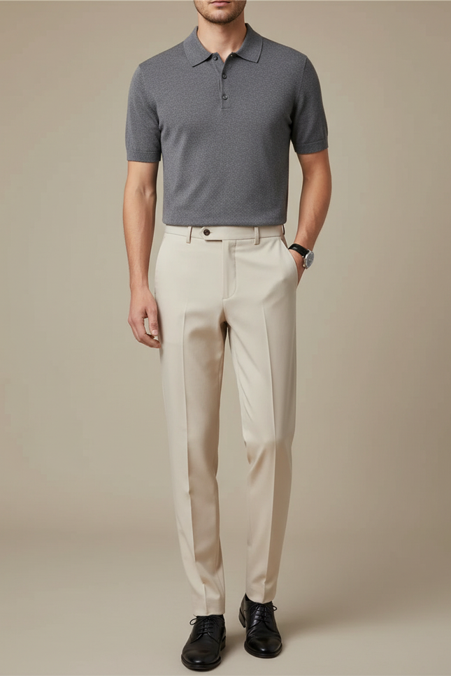 Pantalon À Pince Beige Uni Slim Élégant - Gabardine