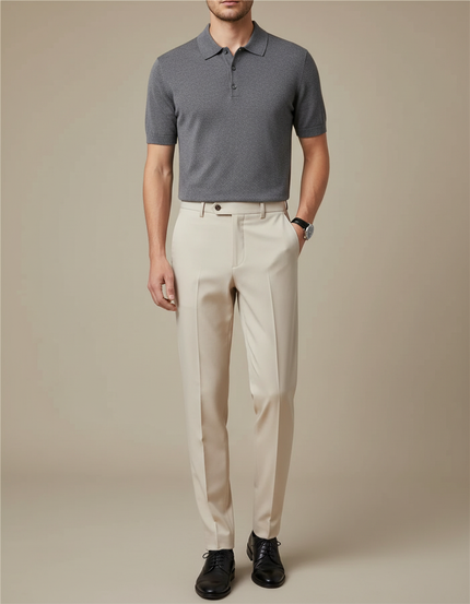 Pantalon À Pince Beige Uni Slim Élégant - Gabardine