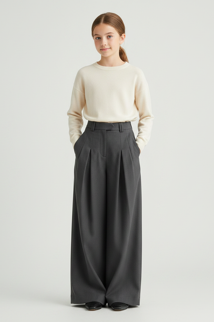 Pantalon À Pince Gris Ample Plissé Élégant Enfant - Gabardine