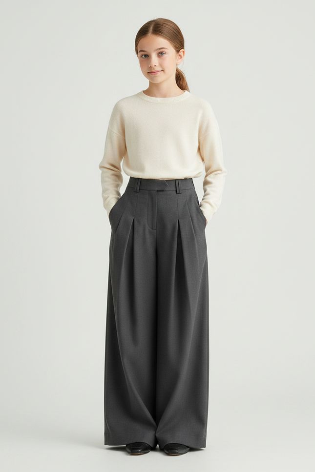 Pantalon À Pince Gris Ample Plissé Élégant Enfant - Gabardine