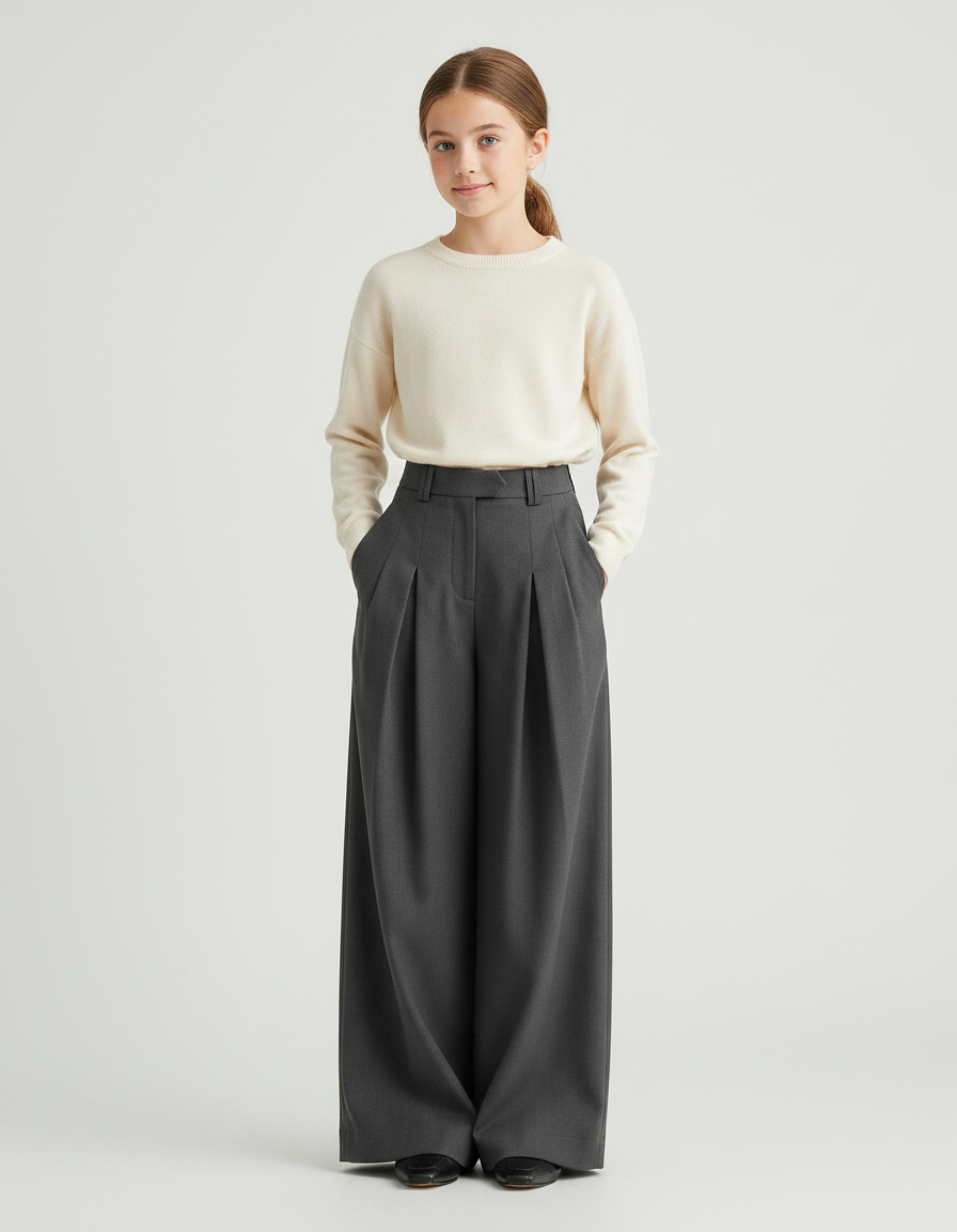 Pantalon À Pince Gris Ample Plissé Élégant Enfant - Gabardine