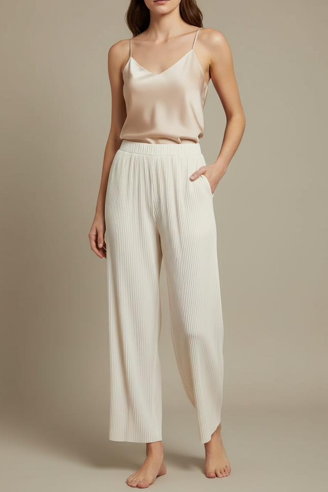 Pantalon À Pince Plissé Ample Beige Fluide Femme - Polyester
